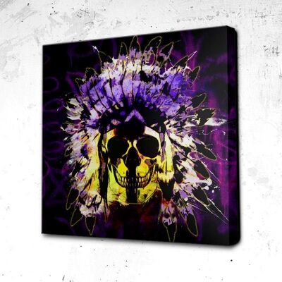 Tableau Crâne Indian Skull Black Neon Face - 120 x 120 - Toile sur châssis - Sans cadre