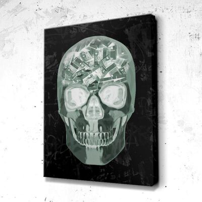 Tableau Crâne Head Skull Money - 100 x 75 - Toile sur châssis - Cadre noir