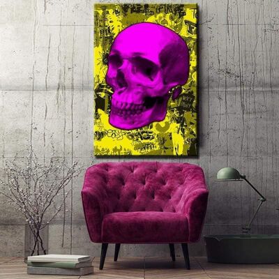 Tableau Crâne Fluo Yellow Skull - 60 x 40 - Toile sur châssis - Cadre noir