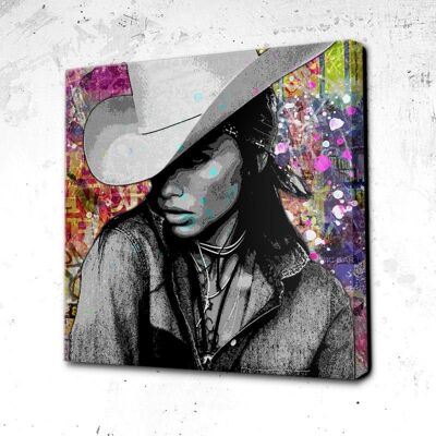 Tableau Cow Girl - 60 x 60 - Toile sur châssis - Cadre noir