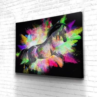 Tableau Cheval Neon - 60 x 40 - Toile sur châssis - Cadre noir