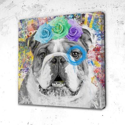 Tableau Bulldog Fleurs - 100 x 100 - Toile sur châssis - Cadre noir