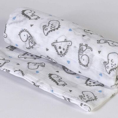 Muslin dino, light blue, 125cm x 125cm