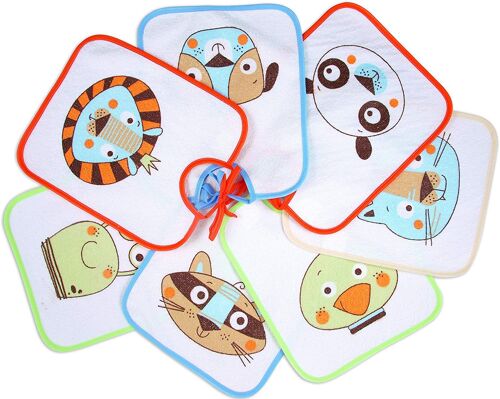 Set of 7 waterproof printed bibs (weekly), assorted drawings, 23cm x 26cm A