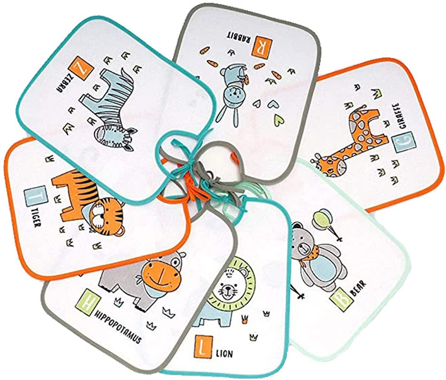 Set of 7 waterproof printed bibs (weekly), assorted drawings, 23cm x 26cm