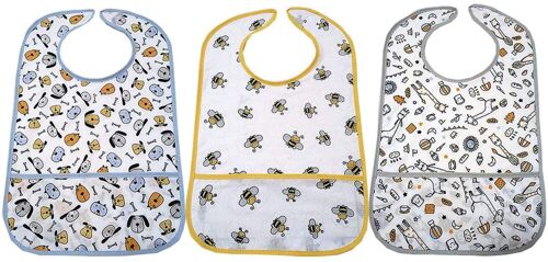 Set of 3 waterproof printed with pocket bibs, assorted drawings, 25cm x 39cm