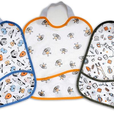 Set of 3 waterproof printed with pocket bibs, assorted drawings, 23cm x 28cm