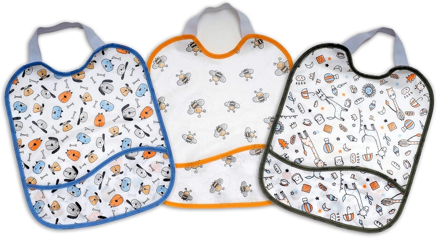 Set di 3 bavaglini impermeabili stampati con tasca, disegni assortiti, 23 cm x 28 cm