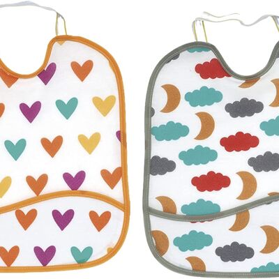 Set of 2 waterproof printed with pocket bibs, hearts-moons, 23cm x 28cm