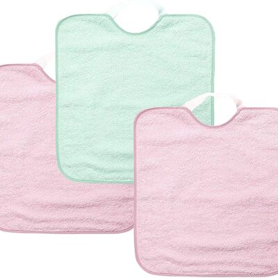 Set di 3 bavaglini in spugna di cotone impermeabili per la scuola materna, rosa-turchese, 31 cm x 38 cm