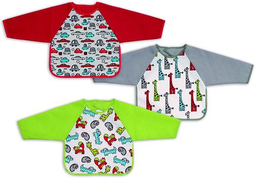 Set of 3 waterproof printed terry cotton bibs with sleves, Assorted drawings, 25cm x 30cm