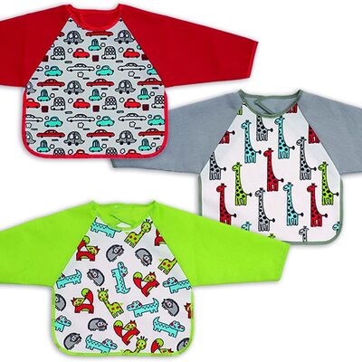 Set of 3 waterproof printed terry cotton bibs with sleves, Assorted drawings, 25cm x 30cm
