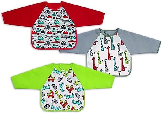 Set di 3 bavaglini impermeabili in spugna di cotone stampati con maniche, disegni assortiti, 25 cm x 30 cm