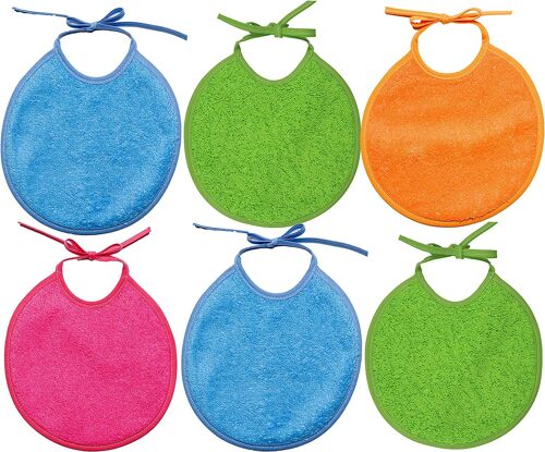 Set of 6 round waterproof terry cotton bibs, assorted colors , 19cm x 19cm