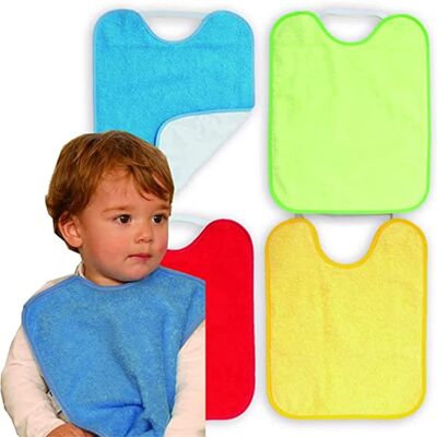 Set of 4 kindergarden waterproof terry cotton bibs, assorted colors child, 24cm x 31cm