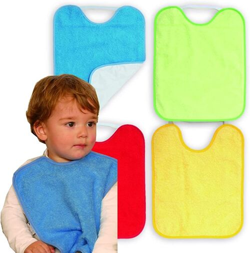 Set of 4 kindergarden waterproof terry cotton bibs, assorted colors child, 27cm x 33cm