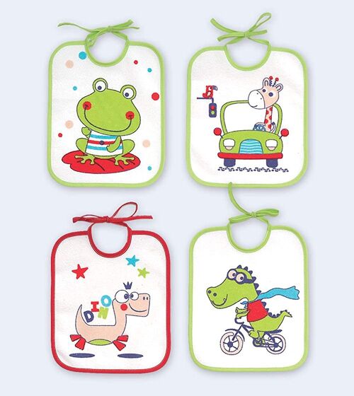 Set of 4 waterproof terry cotton printed bibs, assorted drawings, 19cm x 23cm