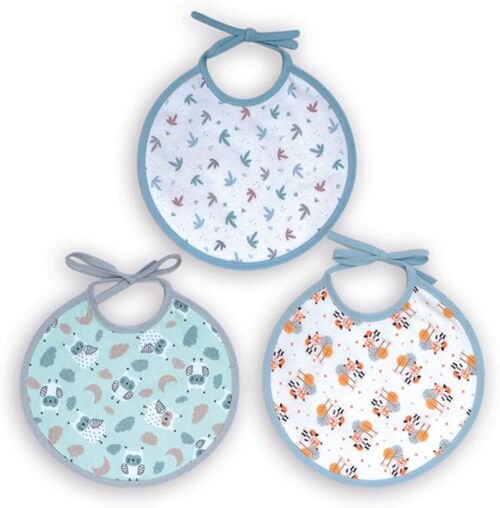 Set of 3 waterproof knitted cotton printed bibs, assorted colors child, 19cm x 19cm