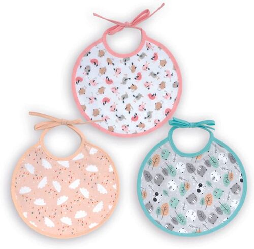 Set of 3 waterproof knitted cotton printed bibs, assorted colors girl, 19cm x 19cm