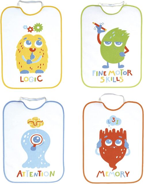 Set of 4 waterproof terry cotton printed bibs, assorted drawings, 31cm x 38cm