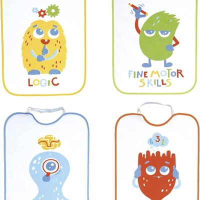 Set of 4 waterproof terry cotton printed bibs, assorted drawings, 31cm x 38cm