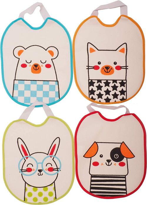 Set of 4 waterproof terry cotton printed bibs, assorted drawings, 23cm x 28cm A