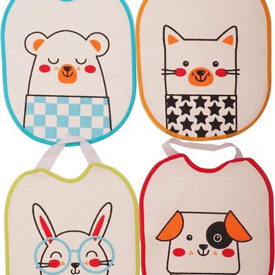 Set of 4 waterproof terry cotton printed bibs, assorted drawings, 23cm x 28cm A