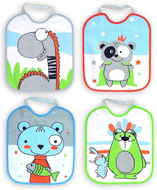 Set of 4 waterproof terry cotton printed bibs, assorted drawings, 23cm x 28cm B