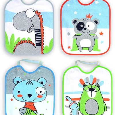 Set of 4 waterproof terry cotton printed bibs, assorted drawings, 23cm x 28cm B