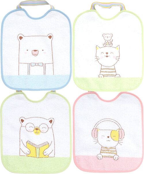 Set of 4 waterproof terry cotton printed bibs, assorted drawings, 23cm x 28cm C