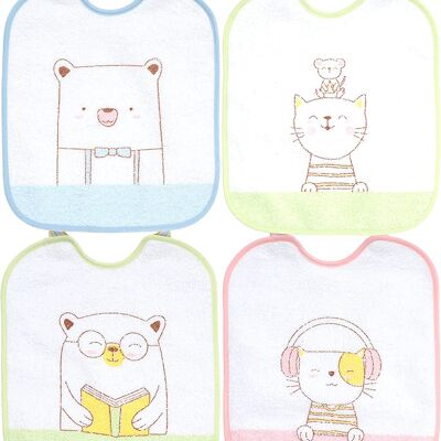 Set of 4 waterproof terry cotton printed bibs, assorted drawings, 23cm x 28cm C