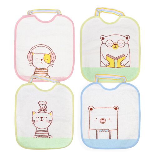 Set of 4 waterproof terry cotton printed bibs, assorted drawings, 23cm x 28cm C