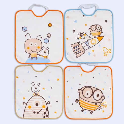Set of 4 waterproof terry cotton printed bibs, assorted drawings, 33cm x 36cm A