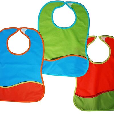 Set of 3 peva bibs with pocket, assorted colors , 31cm x 42cm