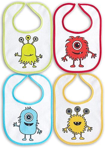 Lot de 4 bavoirs imprimés en coton éponge imperméable, dessins assortis, 18cm x 27cm 1