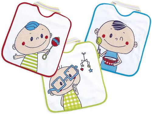 Set of 3 kindergarden microfiber printed bibs, assorted drawings, 28cm x 32cm