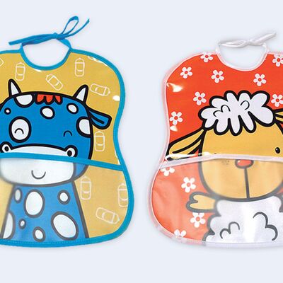 Set of 2 vinyl bibs with pocket, assorted drawings, 25cm x 30cm