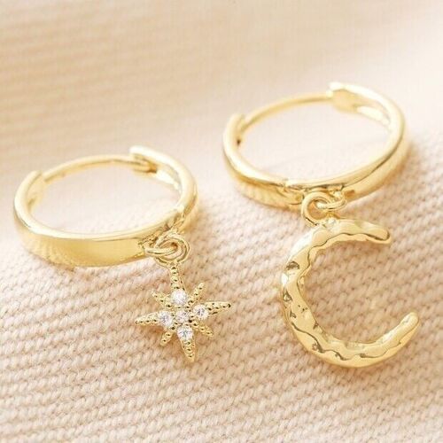 Crescent Moon & Star Charm Huggie Hoop Earrings in Gold