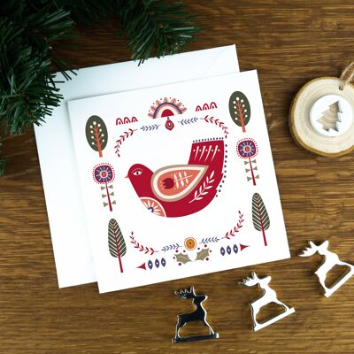 Biglietto natalizio con arte popolare nordica: la colomba rossa.