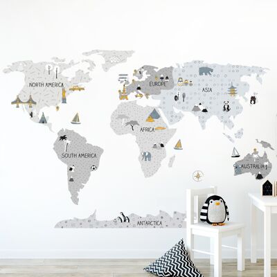 Adesivo da parete | Mappa del mondo grigia