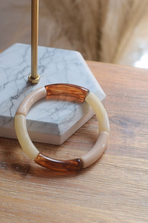 Bracelet en perles tubes acryliques fin tricolore marron, beige, latte