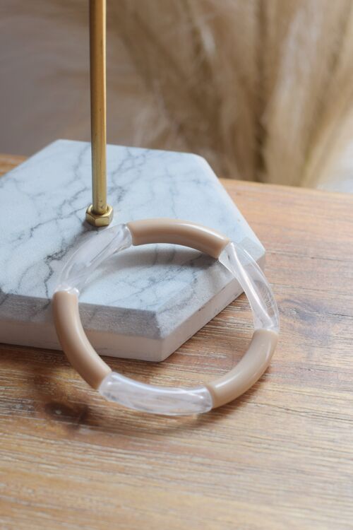 Bracelet en perles tubes acryliques fin bicolore latte et blanc transparent