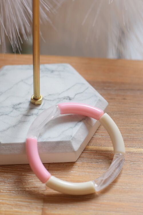 Bracelet en perles tubes acryliques fin tricolore rose, ivoire et blanc transparent