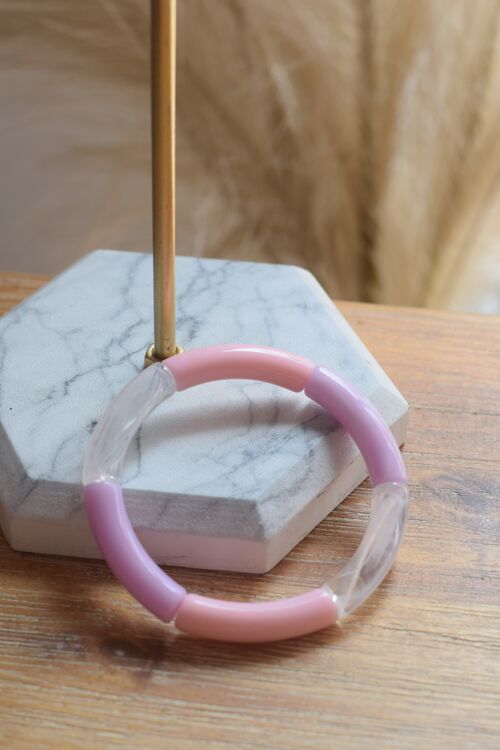 Bracelet en perles tubes acryliques fin tricolore rose, violet marbré et blanc transparent