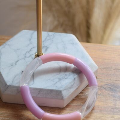 Bracelet en perles tubes acryliques fin tricolore rose, violet marbré et blanc transparent