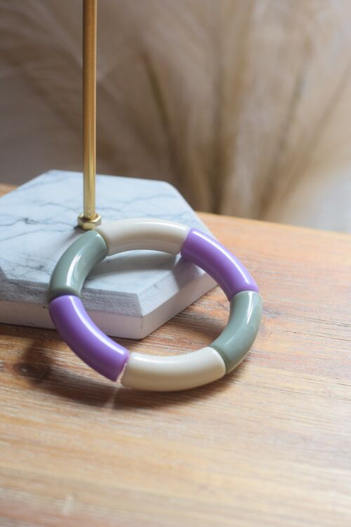 Bracelet en perles tubes acrylique tricolore vert olive, violet lilas et ivoire