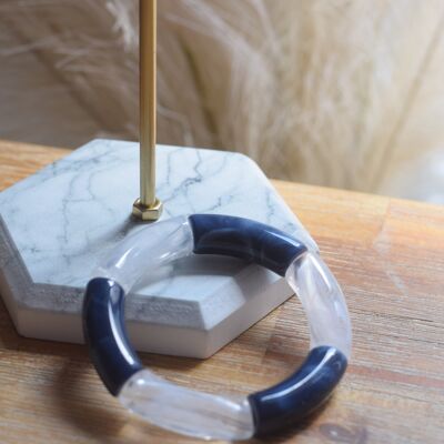 Bracelet en perles tubes acrylique bicolore bleu marbré et blanc transparent