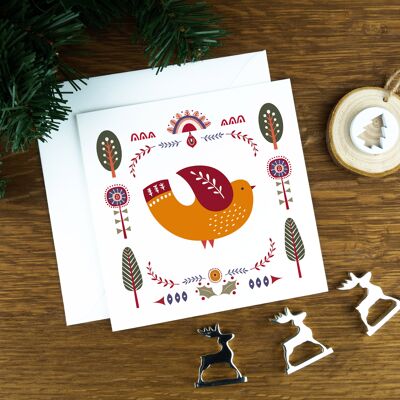 Biglietto natalizio con arte popolare nordica: la colomba di senape