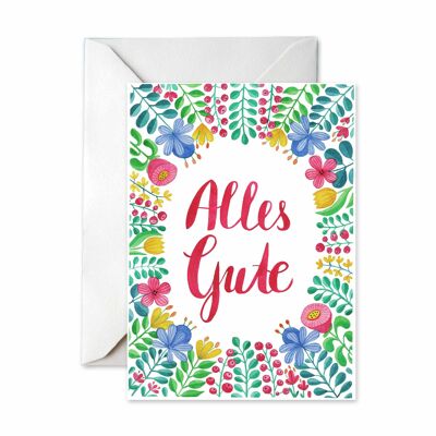 Folded card, all the best, flowers, colored, A6, with envelope, VE 6