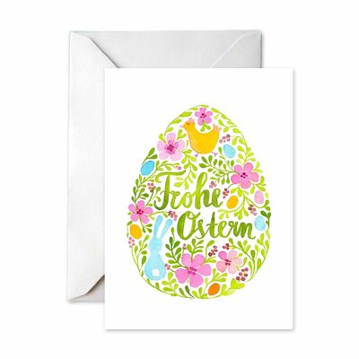 Tarjeta doblada, Felices Pascuas, huevo de Pascua floral, coloreado, A6, con sobre, VE 6
